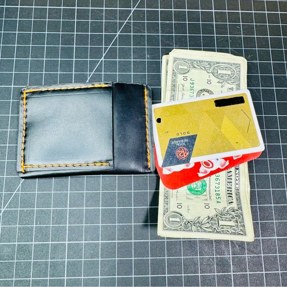 Ultra slim leather wallet minimalist card holder travel wallet -black/orange - Picture 4 of 8